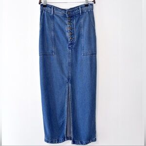 Young Fabulous & Broke Button Fly Vent Front Blue Stretch Denim Midi Skirt Small